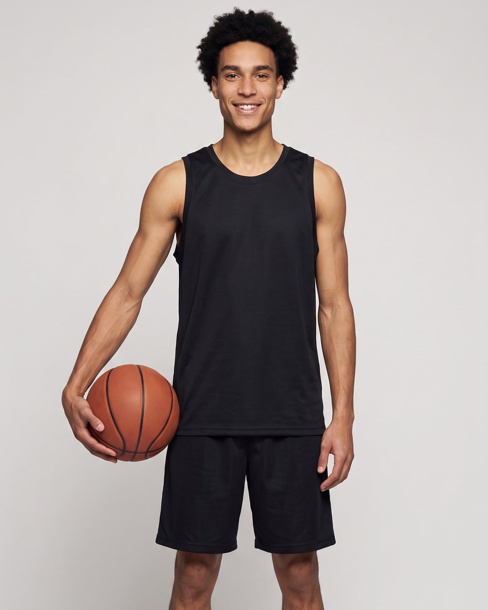 Levone smiling in a blank black jersey, a basketball under his arm